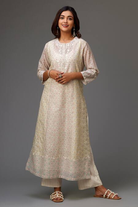 Buy_Kora_Multi Color Silk, Cotton, Chanderi Embroidery, Lace Printed Panelled Kurta Set _Online_at_Aza_Fashions