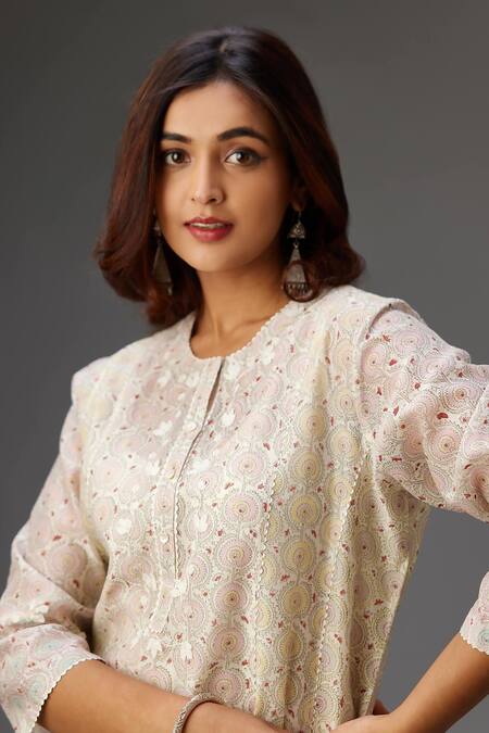 Shop_Kora_Multi Color Silk, Cotton, Chanderi Embroidery, Lace Printed Panelled Kurta Set _Online_at_Aza_Fashions