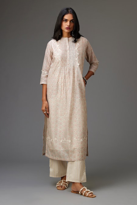 Kora_Pink Silk, Cotton, Chanderi Embroidery, Hand Block Printed Kurta Pant Set _Online_at_Aza_Fashions