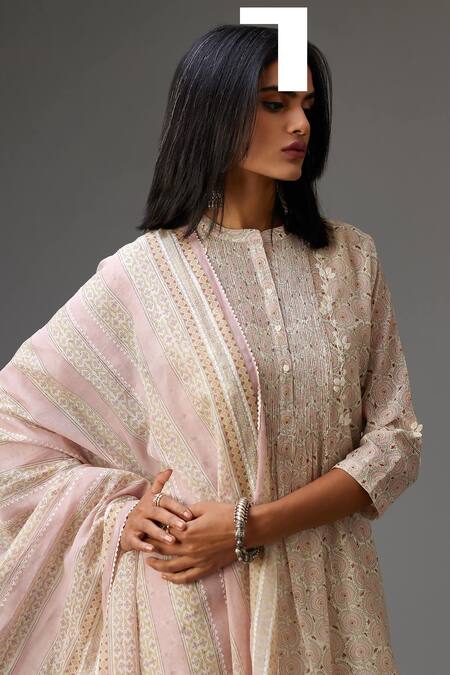 Kora_Pink Silk, Cotton, Chanderi Embroidery, Hand Block Printed Kurta Pant Set _at_Aza_Fashions