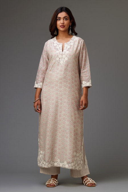 Kora Pink Silk, Cotton, Chanderi Embroidery, Tassels Split V-neck Neckline Kurta Set Online at Aza Fashions Kora_Pink Silk, Cotton, Chanderi Embroidery, Tassels Split V-neck Neckline Kurta Set _Online_at_Aza_Fashions