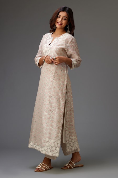 Buy Kora Pink Silk, Cotton, Chanderi Embroidery, Tassels Split V-neck Neckline Kurta Set Online at Aza Fashions Buy_Kora_Pink Silk, Cotton, Chanderi Embroidery, Tassels Split V-neck Neckline Kurta Set _Online_at_Aza_Fashions