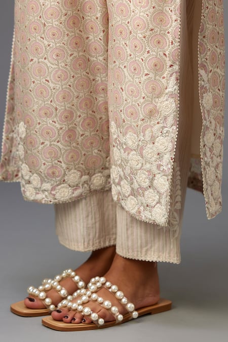 Kora Pink Silk, Cotton, Chanderi Embroidery, Tassels Split V-neck Neckline Kurta Set at Aza Fashions Kora_Pink Silk, Cotton, Chanderi Embroidery, Tassels Split V-neck Neckline Kurta Set _at_Aza_Fashions