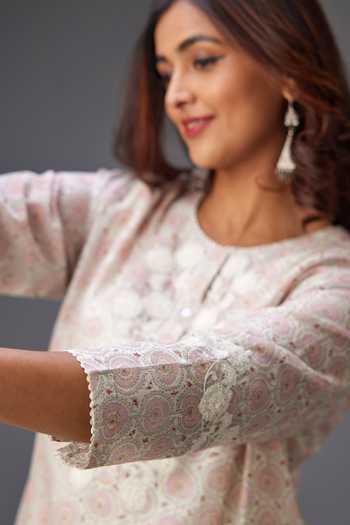 Buy Kora Pink Silk, Cotton, Chanderi Embroidery, Lace, Tassels Printed Kurta Pant Set Online at Aza Fashions Buy_Kora_Pink Silk, Cotton, Chanderi Embroidery, Lace, Tassels Printed Kurta Pant Set _Online_at_Aza_Fashions