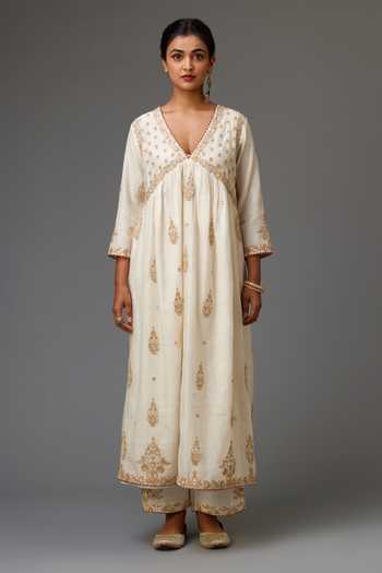 Kora_Off White Cotton, Silk, Chanderi Gota Patti, Sequins, Yoke Anarkali Set _Online_at_Aza_Fashions
