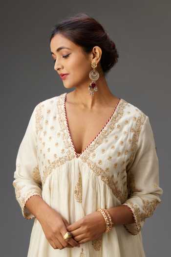 Shop_Kora_Off White Cotton, Silk, Chanderi Gota Patti, Sequins, Yoke Anarkali Set _Online_at_Aza_Fashions