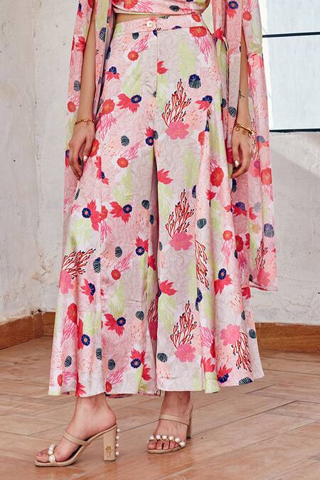 House Of Fett_Multi Color Georgette, Satin Embroidery Halter Neck Marine Print Cape Pant Set _Online_at_Aza_Fashions