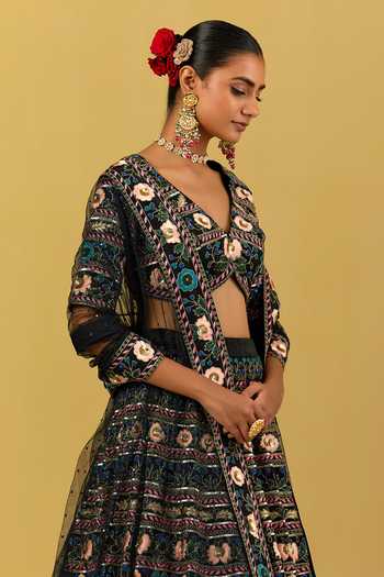 Buy_Ikshita Choudhary_Black Suede Embroidery V-neck Floral Hand Lehenga Set _Online_at_Aza_Fashions