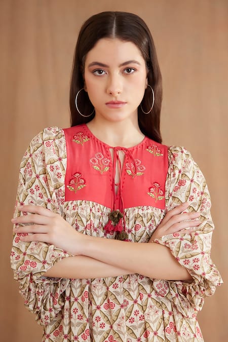 Nikasha_Red Viscose Embroidery Keyhole Neck Mughal And Floral Print Dress _Online_at_Aza_Fashions