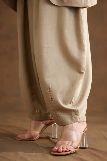 Shop Nikasha Beige Rayon Beads, Embroidery V-neck Yoke Kaftan Top And Baggy Pant Set Online at Aza Fashions Shop_Nikasha_Beige Rayon Beads, Embroidery V-neck Yoke Kaftan Top And Baggy Pant Set _Online_at_Aza_Fashions