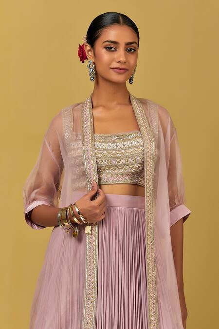 Shop_Ikshita Choudhary_Purple Organza, Crepe, Chanderi Silk Embroidery Open Neck Sheer Cape And Skirt Set _Online_at_Aza_Fashions