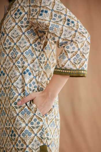 Shop_Nikasha_Blue Cotton Sequins, Mirrors Split V-neck Placket Embroidered Kurta And Pant Set _Online_at_Aza_Fashions