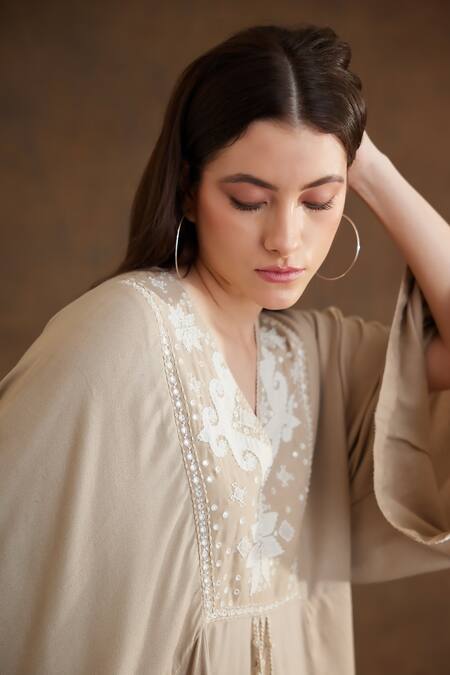 Shop_Nikasha_Beige Viscose Embroidery Keyhole Neck Bead Yoke Kaftan Dress _Online_at_Aza_Fashions