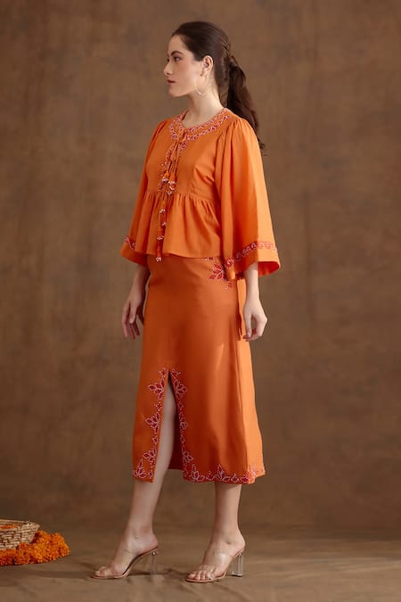 Buy Nikasha Orange Cotton, Silk, Rayon Beads Placement Embroidered Top And A-line Skirt Set Online at Aza Fashions Buy_Nikasha_Orange Cotton, Silk, Rayon Beads Placement Embroidered Top And A-line Skirt Set _Online_at_Aza_Fashions