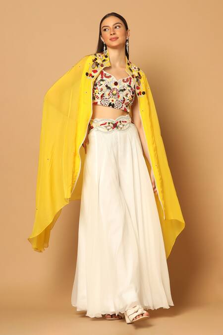 Two Sisters By Gyans_White Georgette Embroidery, Cut Work Contrast Cape And Waistband Sharara Set _Online_at_Aza_Fashions