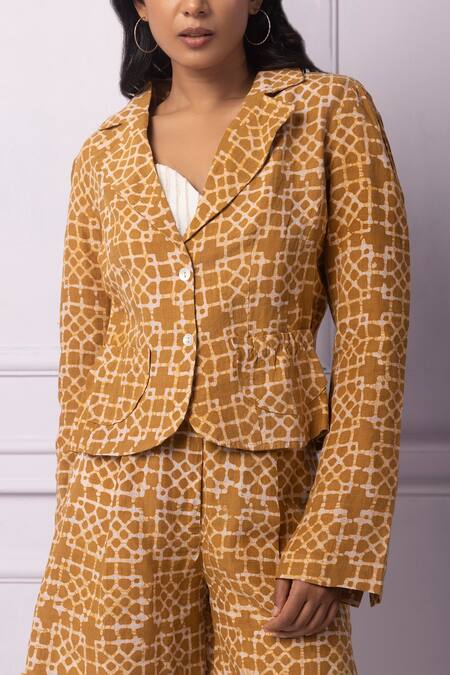 Buy_EK Katha_Yellow Cotton, Linen Collared Batik Print Jacket_Online_at_Aza_Fashions
