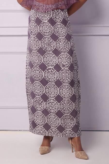 EK Katha_Purple Cotton, Linen Batik Pattern Tube Skirt_Online_at_Aza_Fashions