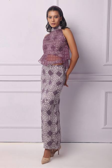 Buy_EK Katha_Purple Cotton, Linen Batik Pattern Tube Skirt_Online_at_Aza_Fashions
