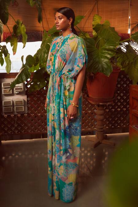 Ankita Dharman_Multi Color Georgette Floral Motifs Band Collar Sage Printed Kaftan_Online_at_Aza_Fashions