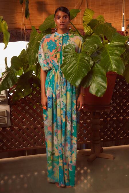 Buy_Ankita Dharman_Multi Color Georgette Floral Motifs Band Collar Sage Printed Kaftan_Online_at_Aza_Fashions