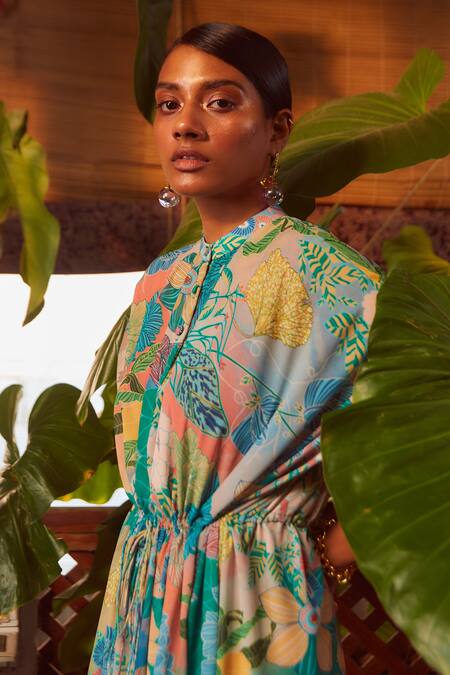 Shop_Ankita Dharman_Multi Color Georgette Floral Motifs Band Collar Sage Printed Kaftan_Online_at_Aza_Fashions