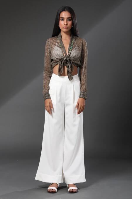 Zeefaa_Green Chiffon Shawl Collar Metallic Mist Print Tie-up Top_Online_at_Aza_Fashions