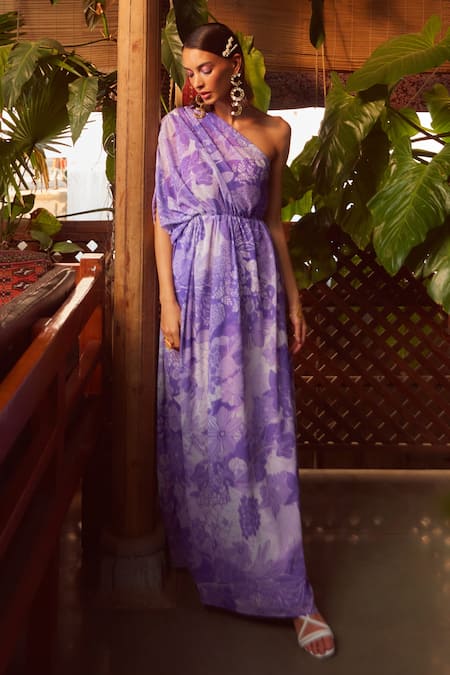 Ankita Dharman Purple Georgette Printed Floral Motifs One Shoulder Orchid Kaftan 
