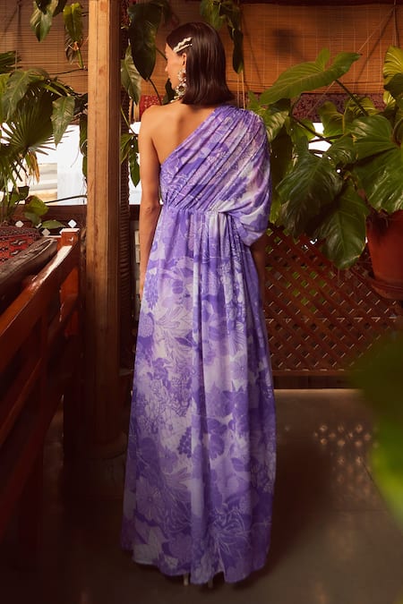 Shop Ankita Dharman Purple Georgette Floral Motifs One Shoulder Orchid Kaftan at Aza Fashions Shop_Ankita Dharman_Purple Georgette Floral Motifs One Shoulder Orchid Kaftan _at_Aza_Fashions
