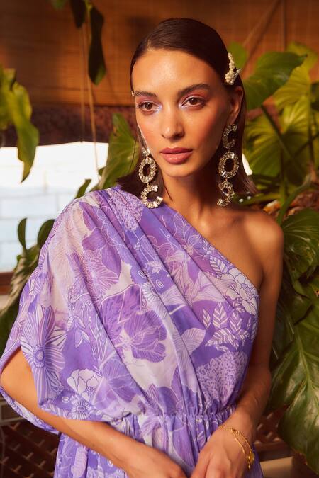 Buy Ankita Dharman Purple Georgette Floral Motifs One Shoulder Orchid Kaftan Online at Aza Fashions Buy_Ankita Dharman_Purple Georgette Floral Motifs One Shoulder Orchid Kaftan _Online_at_Aza_Fashions