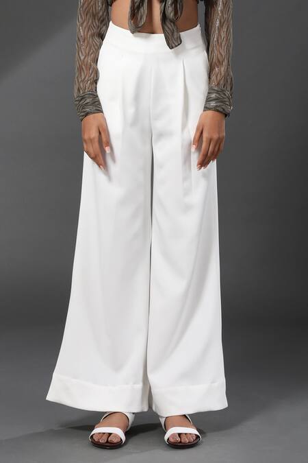 Zeefaa_White 100% Crepe Flared Hem Pant_Online_at_Aza_Fashions