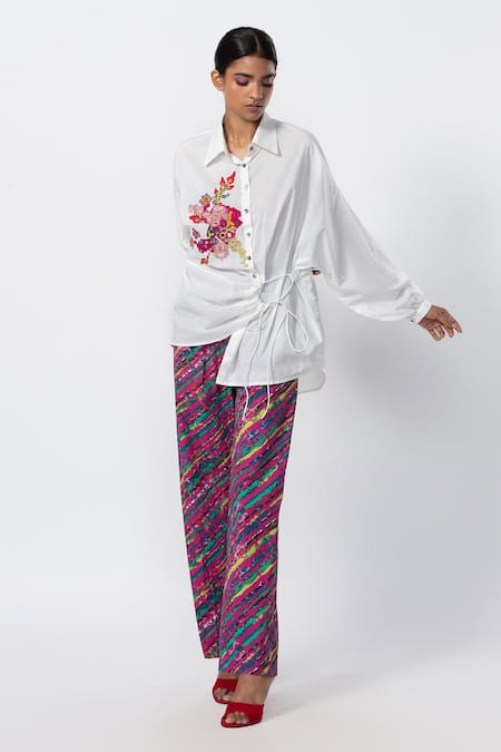 Saaksha & Kinni_White Cotton Mirrors, Embroidery Collared Hand Shirt_at_Aza_Fashions