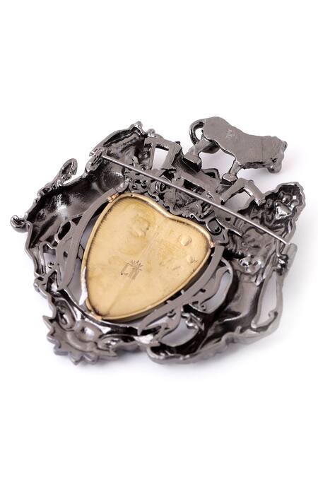 Shop_Cosa Nostraa_Black British Badge Craved Brooch_Online_at_Aza_Fashions