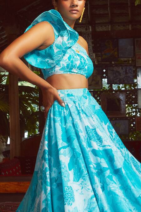 Ankita Dharman_Blue Crepe Floral Motifs One Shoulder Tiffany Lehenga And Ruffle Blouse Set_Online_at_Aza_Fashions