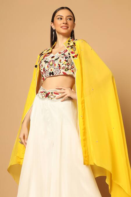 Buy_Two Sisters By Gyans_White Georgette Embroidery, Cut Work Contrast Cape And Waistband Sharara Set _Online_at_Aza_Fashions