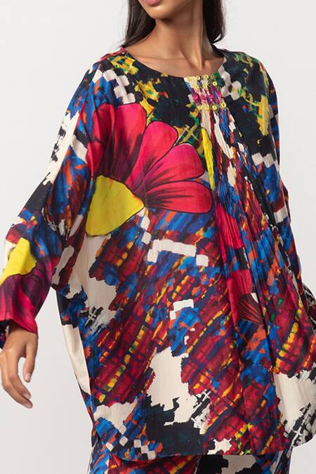 Saaksha & Kinni Multi Color Silk Round Neck Abstract Floral Print Batwing Sleeve Top Online at Aza Fashions Saaksha & Kinni_Multi Color Silk Round Neck Abstract Floral Print Batwing Sleeve Top_Online_at_Aza_Fashions