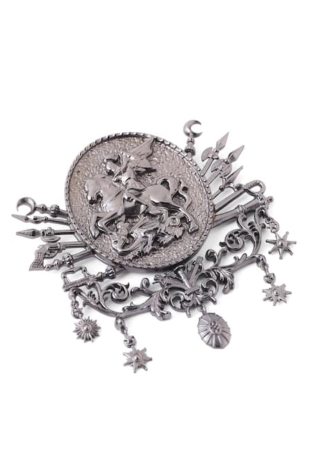 Cosa Nostraa Black Warrior Prince Brass Craved Brooch Online at Aza Fashions Cosa Nostraa_Black Warrior Prince Brass Craved Brooch_Online_at_Aza_Fashions