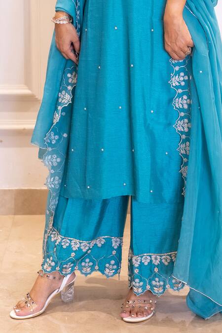 Buy_Geetika Jain_Blue , Organza Diamonds, Embroidery, Dori Teal Kurta Palazzo Set _Online_at_Aza_Fashions