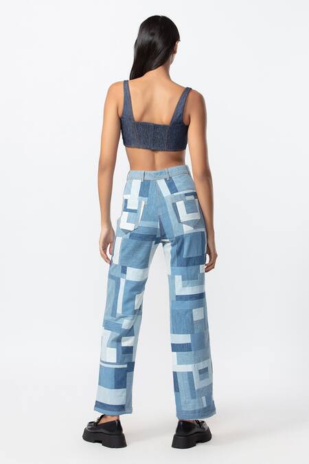 Buy_Saaksha & Kinni_Blue Denim Embroidery Square Neck Cut Bustier_Online_at_Aza_Fashions