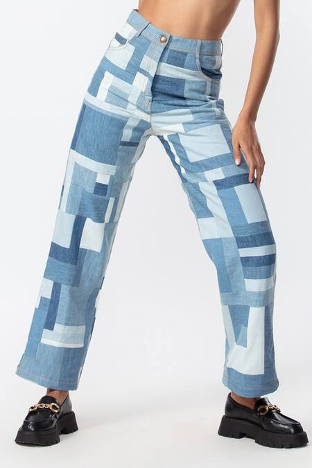 Saaksha & Kinni_Blue Denim Trichromatic Patch Work Jeans_Online_at_Aza_Fashions