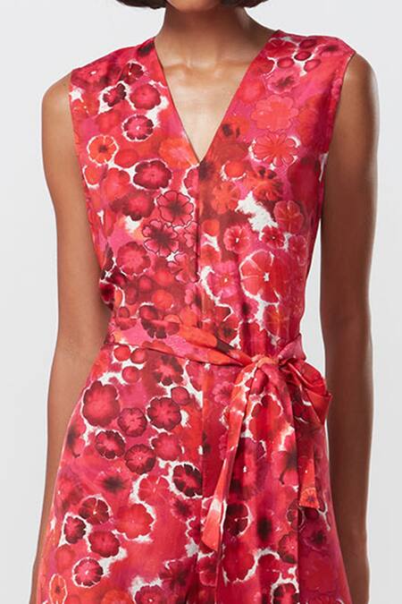 Saaksha & Kinni Red Satin Print Floral Bloom V Neck Jumpsuit Online at Aza Fashions Saaksha & Kinni_Red Satin Print Floral Bloom V Neck Jumpsuit_Online_at_Aza_Fashions