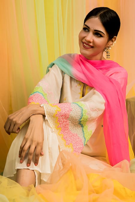 Kacha Tanka_Ivory Kurta And Sharara Cotton Voile Hand Embroidery Beads Bell Sleeve Set _Online_at_Aza_Fashions