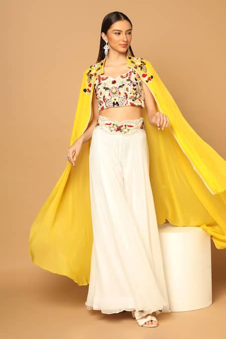 Two Sisters By Gyans_White Georgette Embroidery, Cut Work Contrast Cape And Waistband Sharara Set _at_Aza_Fashions