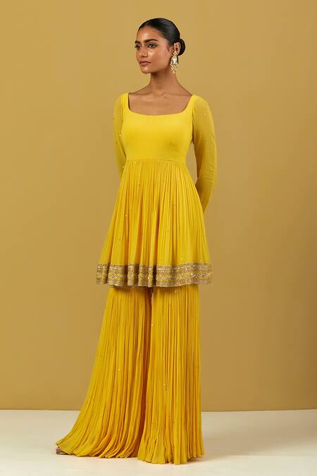 Shop Ikshita Choudhary Yellow Georgette Embroidery Round Neck Hand Peplum Kurta Online at Aza Fashions Shop_Ikshita Choudhary_Yellow Georgette Embroidery Round Neck Hand Peplum Kurta_Online_at_Aza_Fashions