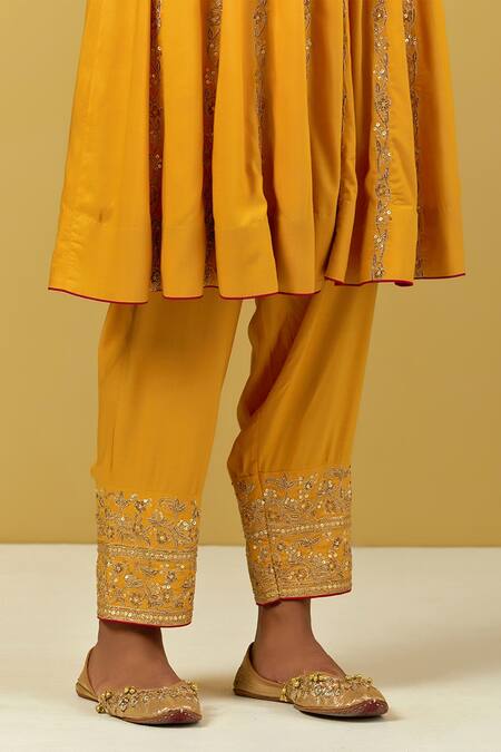 Buy_Ikshita Choudhary_Yellow Modal, Cotton, Tissue Embroidery, Sequins Floral Hand Anarkali Pant Set _Online_at_Aza_Fashions