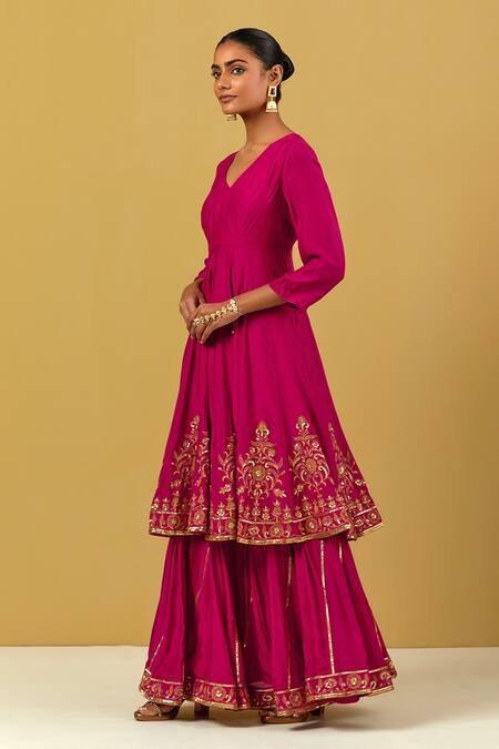 Shop_Ikshita Choudhary_Magenta Muslin, Silk, Organza Embroidery, Sequins Floral Anarkali Sharara Set _Online_at_Aza_Fashions