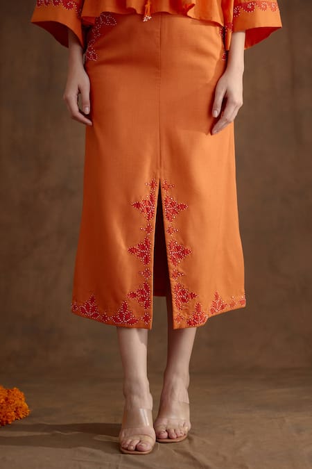 Shop Nikasha Orange Cotton, Silk, Rayon Beads Placement Embroidered Top And A-line Skirt Set Online at Aza Fashions Shop_Nikasha_Orange Cotton, Silk, Rayon Beads Placement Embroidered Top And A-line Skirt Set _Online_at_Aza_Fashions