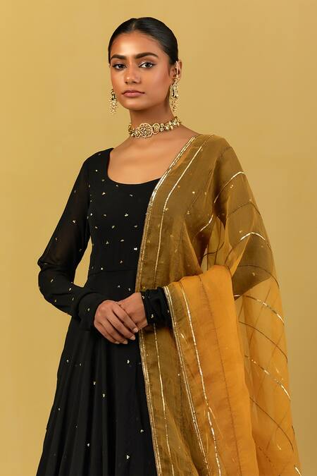 Shop Ikshita Choudhary Black Georgette Embroidery Scoop Neck Layered Anarkali With Dupatta Online at Aza Fashions Shop_Ikshita Choudhary_Black Georgette Embroidery Scoop Neck Layered Anarkali With Dupatta _Online_at_Aza_Fashions