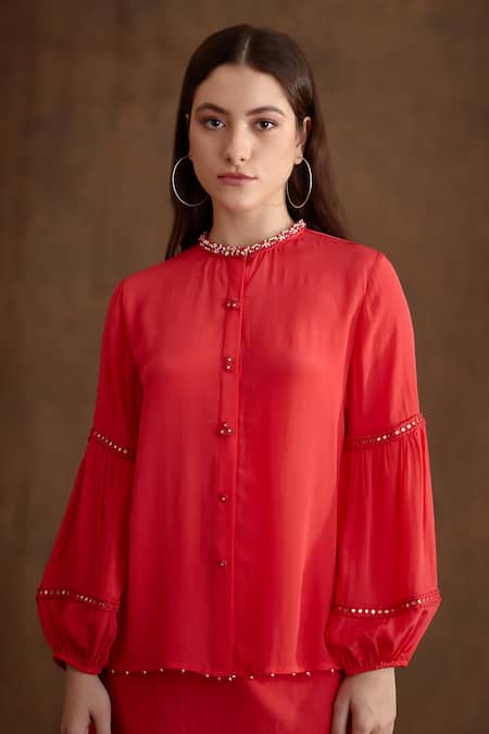 Buy_Nikasha_Coral Viscose, Cotton Beads Neckline Embroidered Shirt And A-line Skirt Set _Online_at_Aza_Fashions