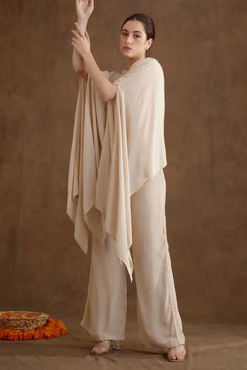 Buy_Nikasha_Cream Viscose Embroidery Neckline Cape And Wide Leg Pant Set _Online_at_Aza_Fashions