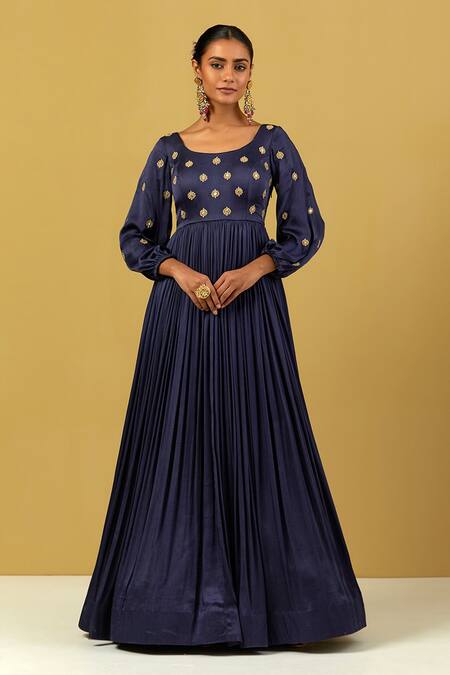 Buy_Ikshita Choudhary_Blue Satin Embroidery Round Neck Hand Anarkali With Dupatta _Online_at_Aza_Fashions